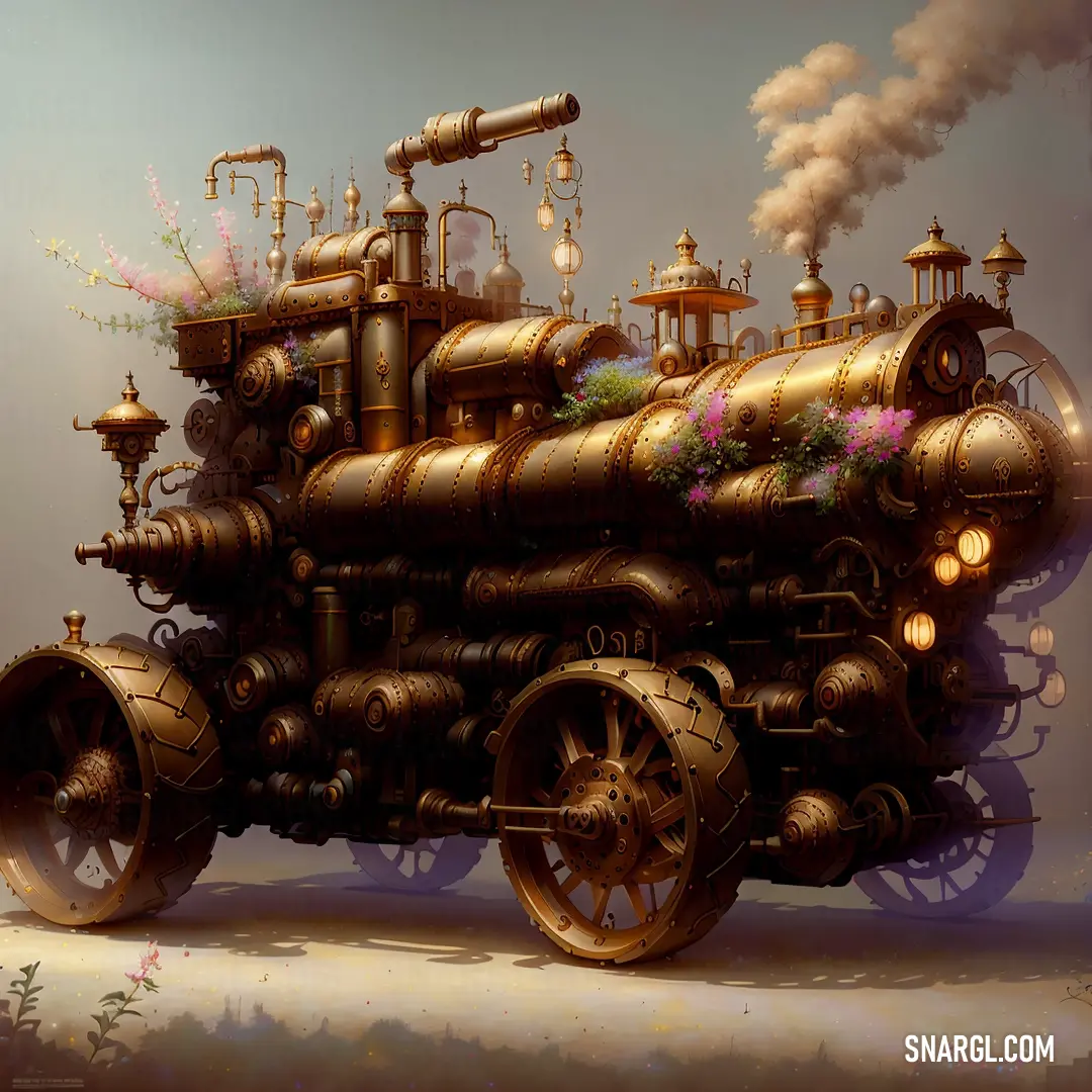 Steam engine with flowers growing out of it's side