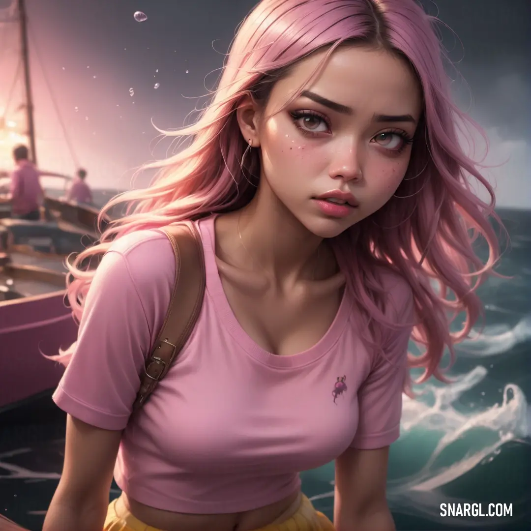 Girl with pink hair and a pink shirt on a boat in the ocean with a man in the background. Color Rose gold.