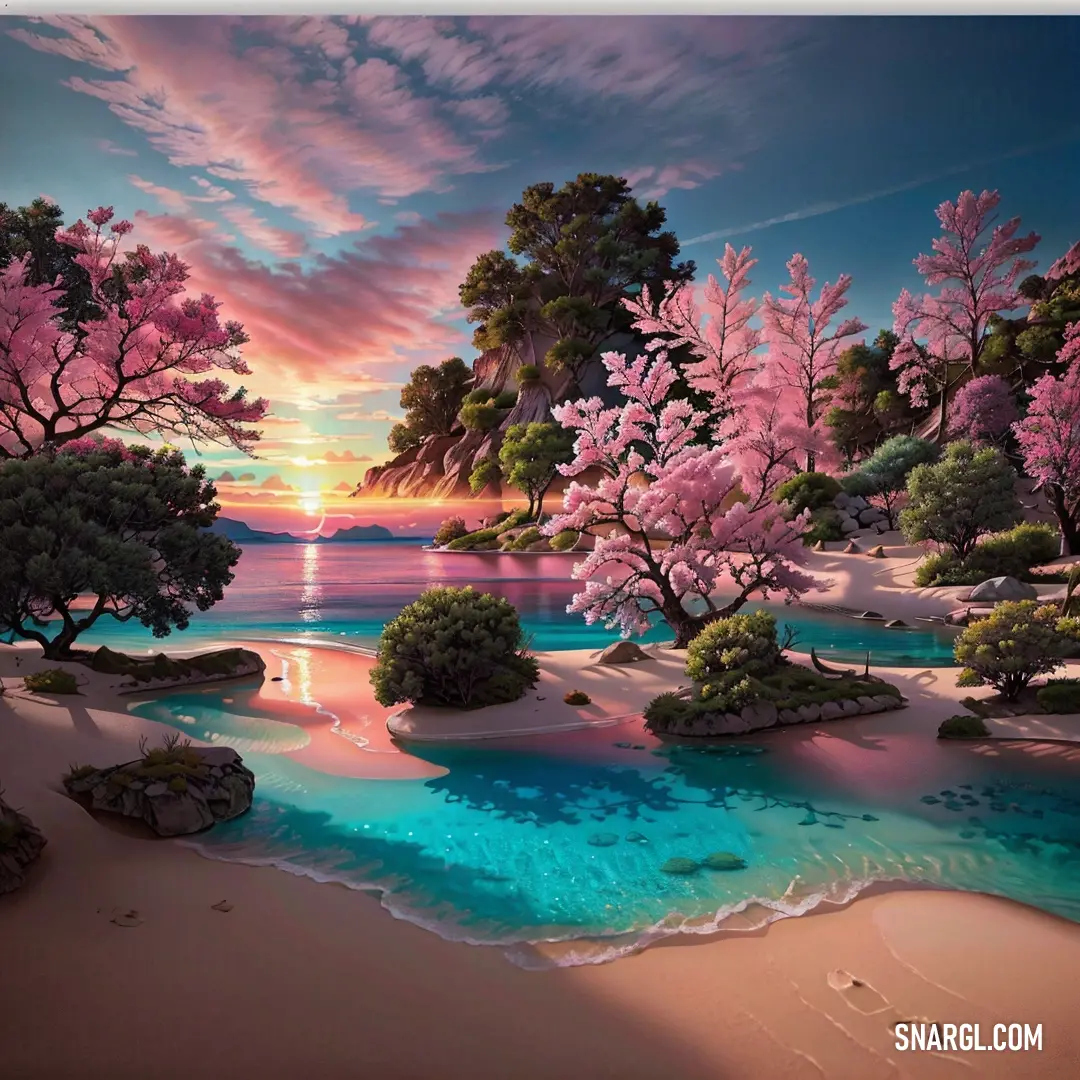 Painting of a beach with trees and water at sunset with a pink sky and clouds above it and a pink