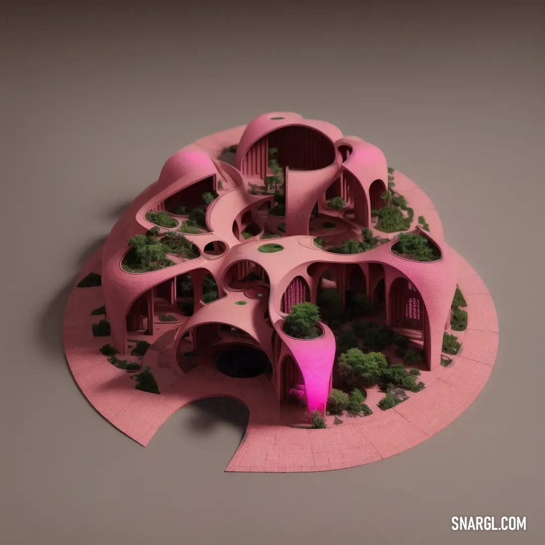 Pink sculpture with trees and houses on it's sides and a pink roof
