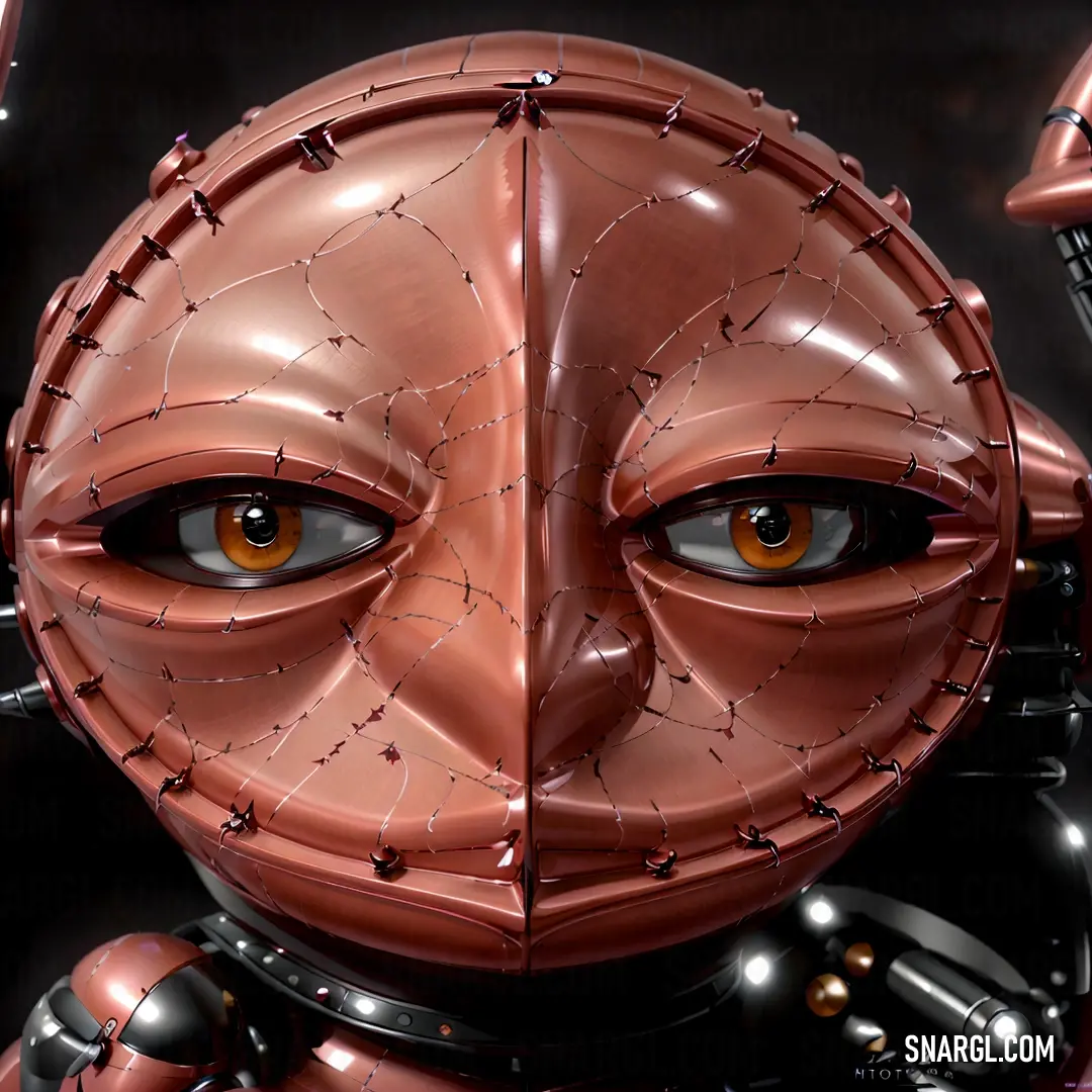 Robot with a face made of metal parts and eyes