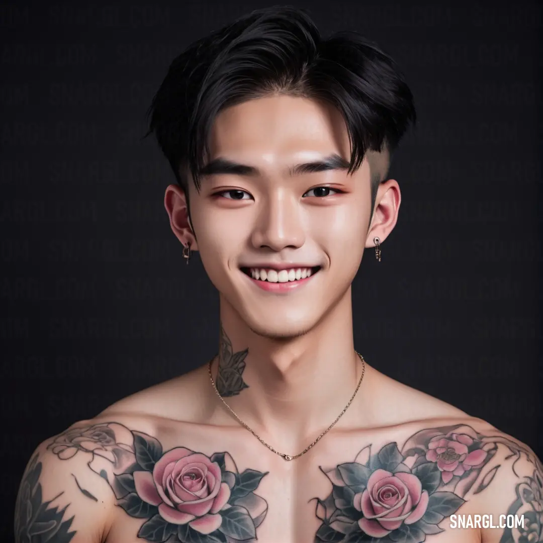Rose gold color. Man with tattoos on his chest and chest is smiling at the camera