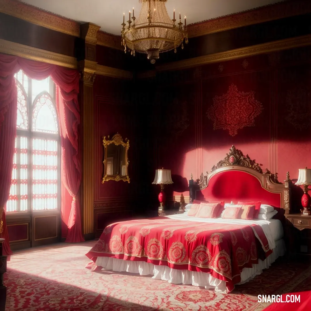 Bedroom with a red bed and a chandelier in it's corner and a chandelier hanging from the ceiling