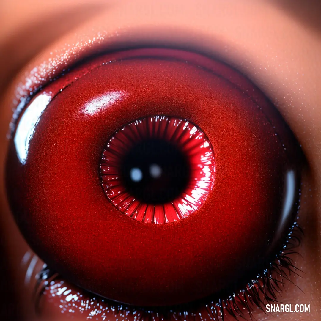 Close up of a red eye with long eyelashes and a black circle around the eye area of the eye