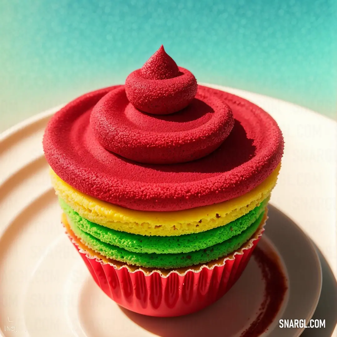 Cupcake with a red frosting on top of it on a plate with a blue background