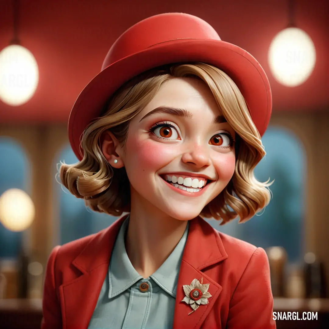 Cartoon girl with a red hat and red jacket and a red jacket and a red jacket. Color #E32636.