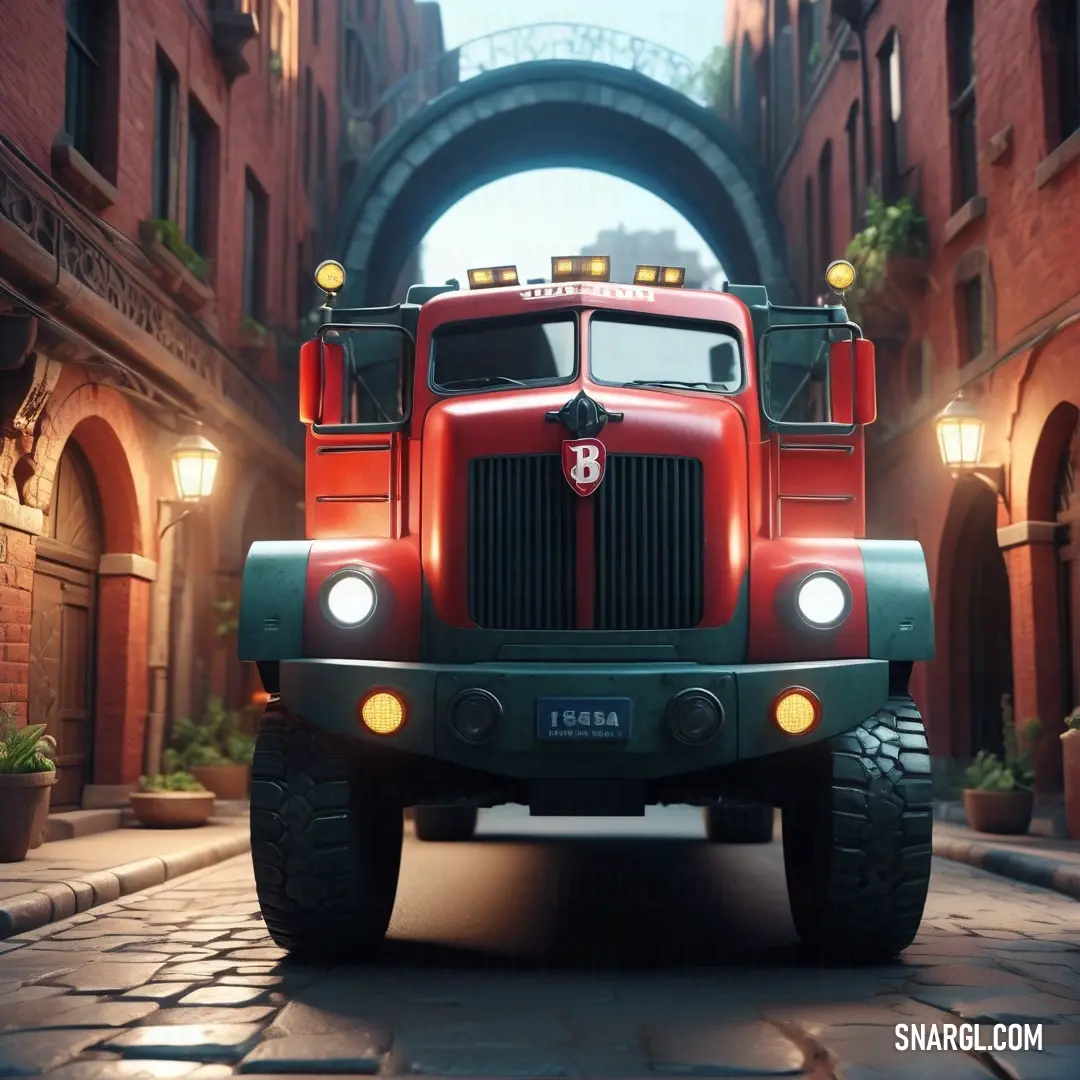 Red truck driving down a street next to a bridge and a building with a clock on it's side. Color #E32636.