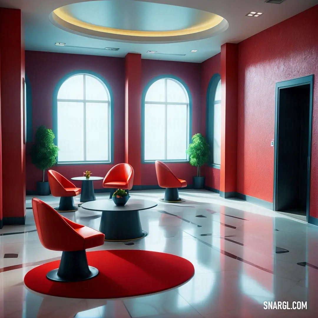Room with a red wall and a red chair and a red rug on the floor and a red chair. Example of #E32636 color.