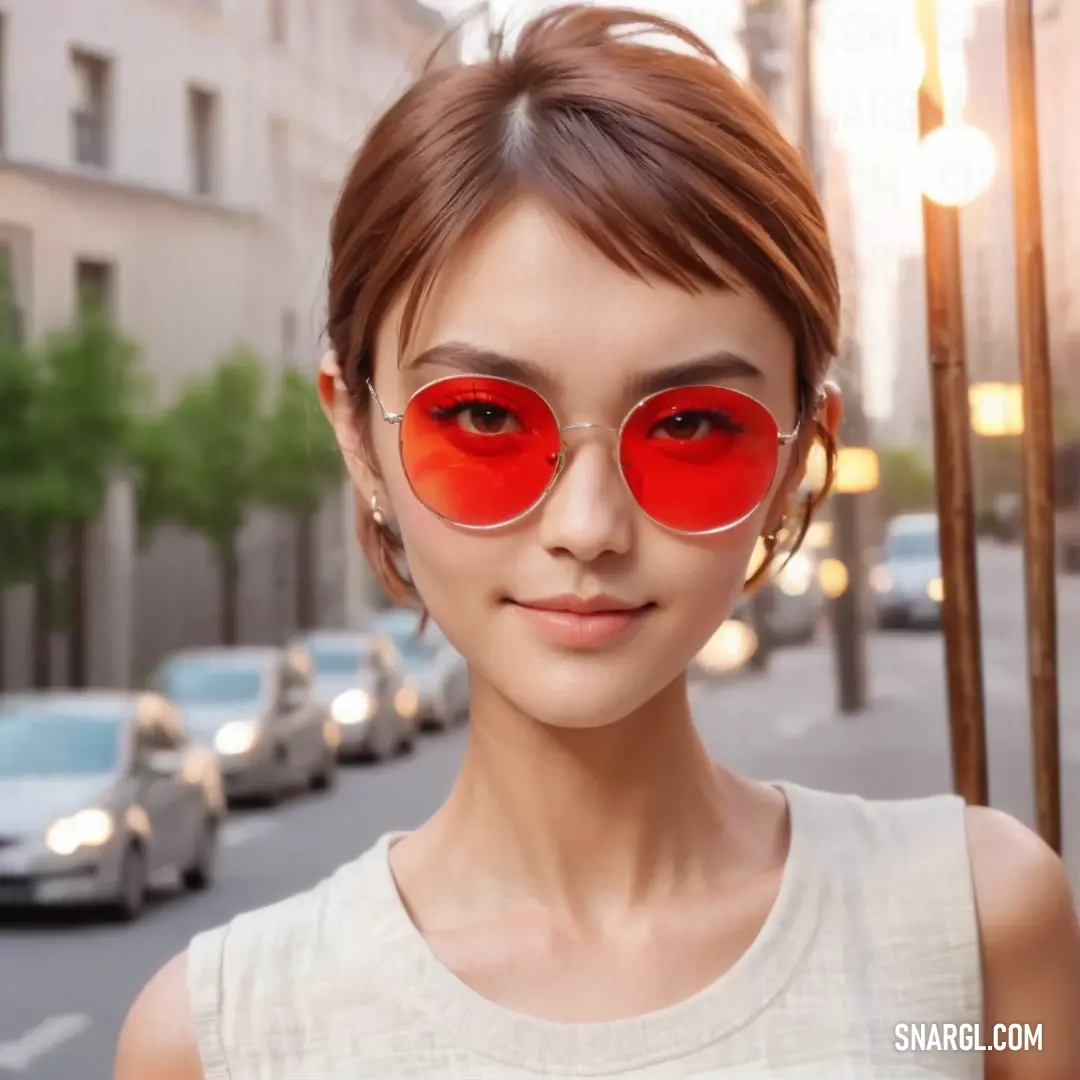 Woman with red sunglasses on her face and a city street in the background. Example of #E32636 color.