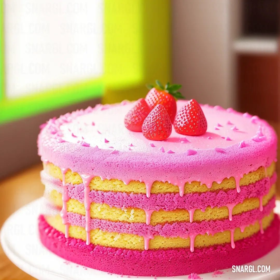 Cake with pink icing and strawberries on top of it on a plate on a table next to a window