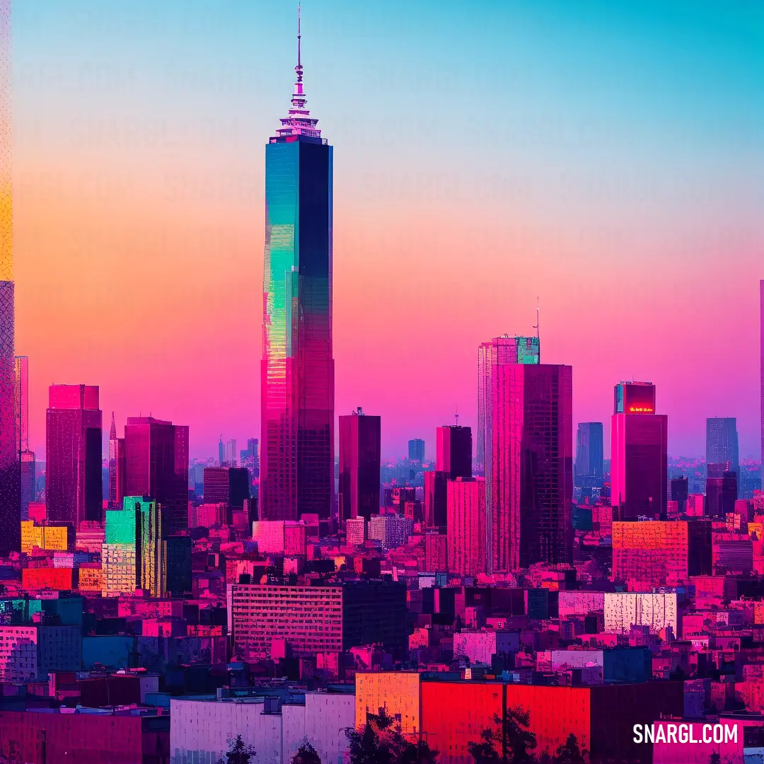 City skyline with a rainbow colored sky in the background and a pink