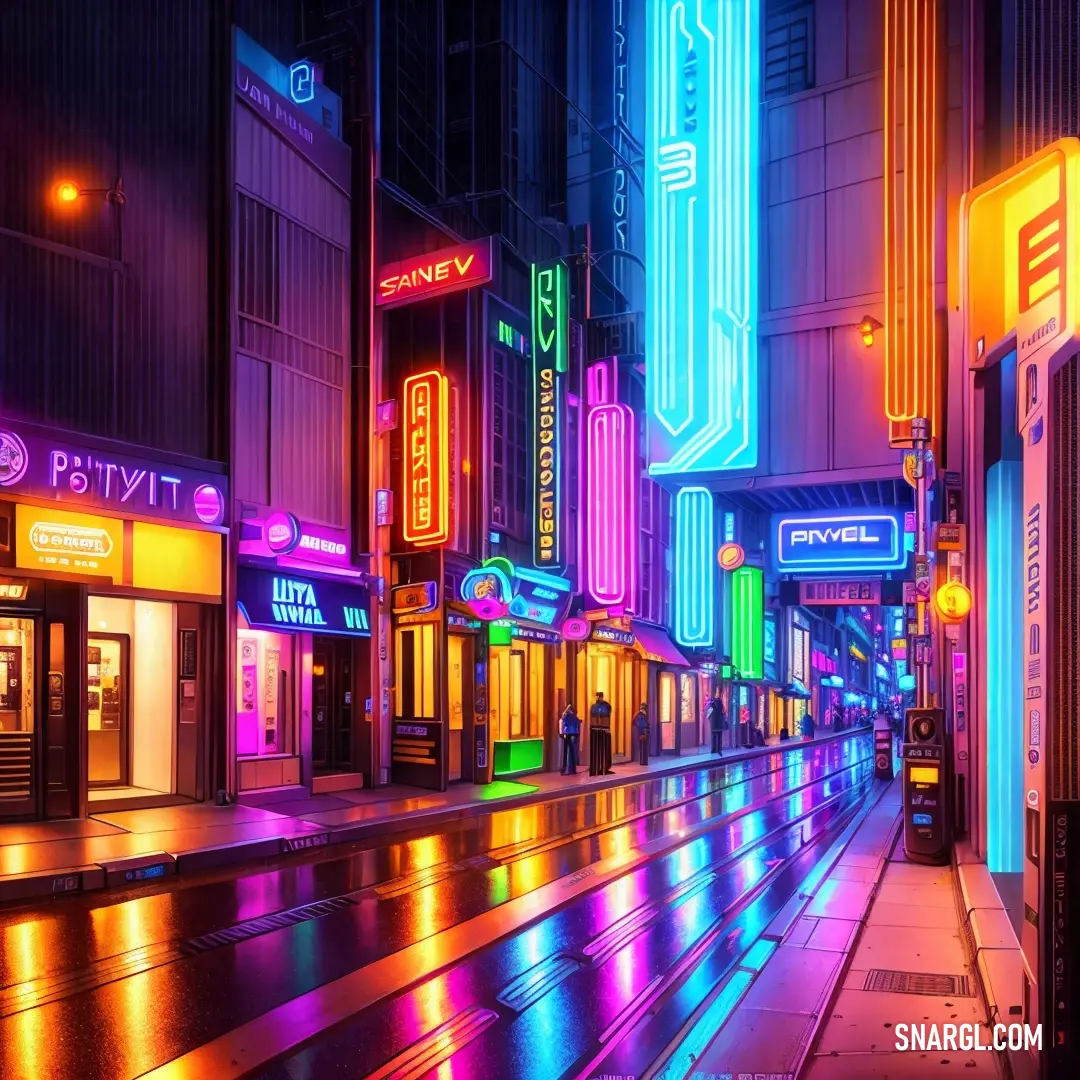 City street with neon lights and buildings on both sides of it and a train on the tracks in the middle