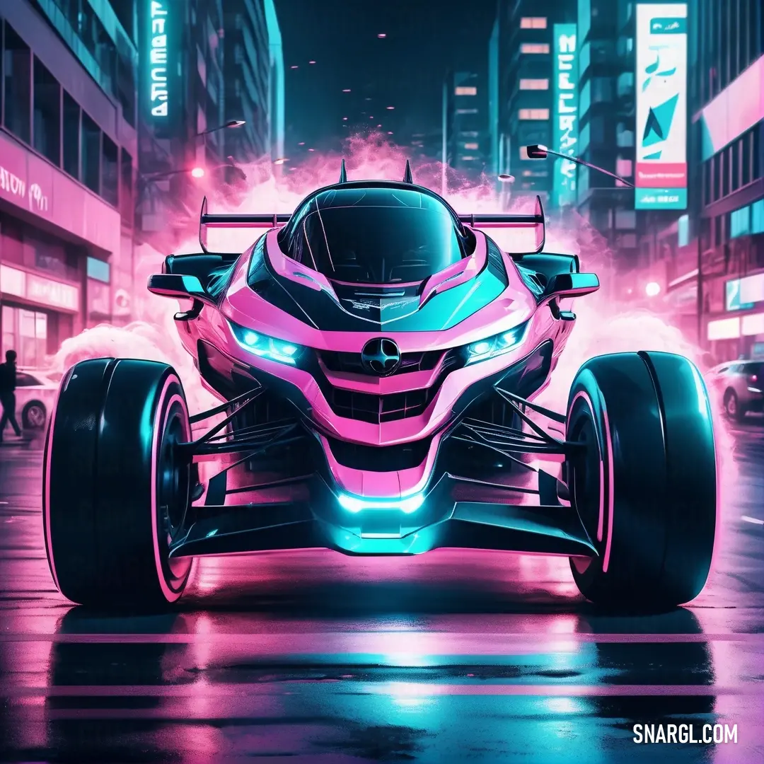 Futuristic car driving through a city at night with neon lights on it's sides. Example of CMYK 0,60,20,0 color.