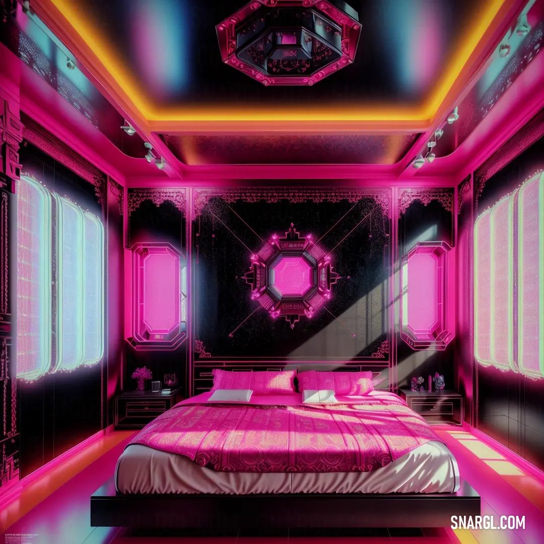 Rose pink color example: Bed in a room with a pink light on the ceiling and a mirror on the wall above it
