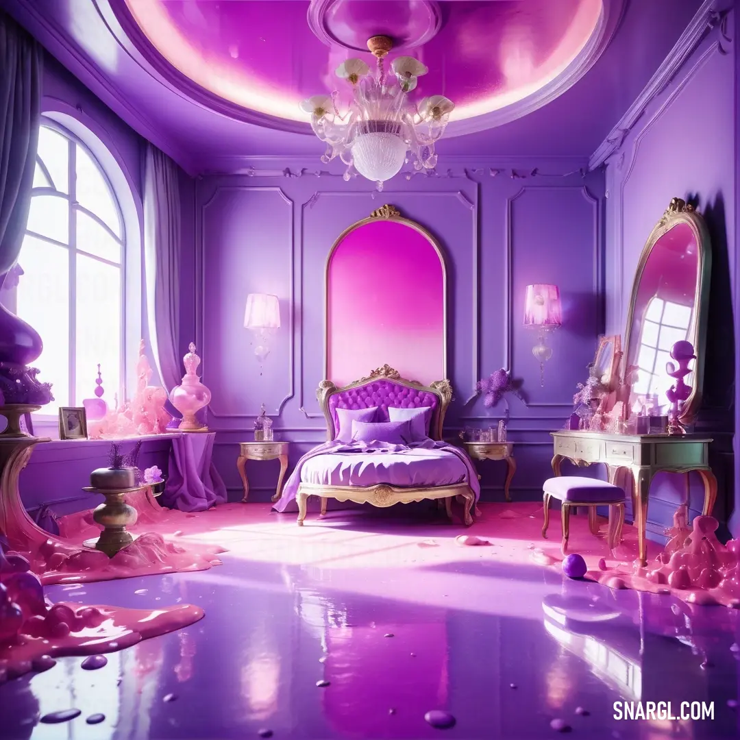 Bedroom with a purple and pink theme and a chandelier and a bed. Example of RGB 255,102,204 color.