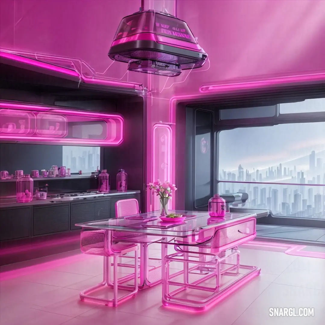 Dining room with a pink neon light in the ceiling and a large window overlooking a cityscape. Color #FF66CC.