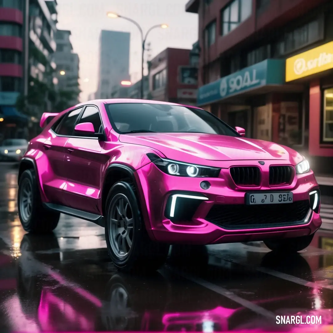 Rose pink color example: Pink car parked on a wet street in the rain in front of a building with a neon sign
