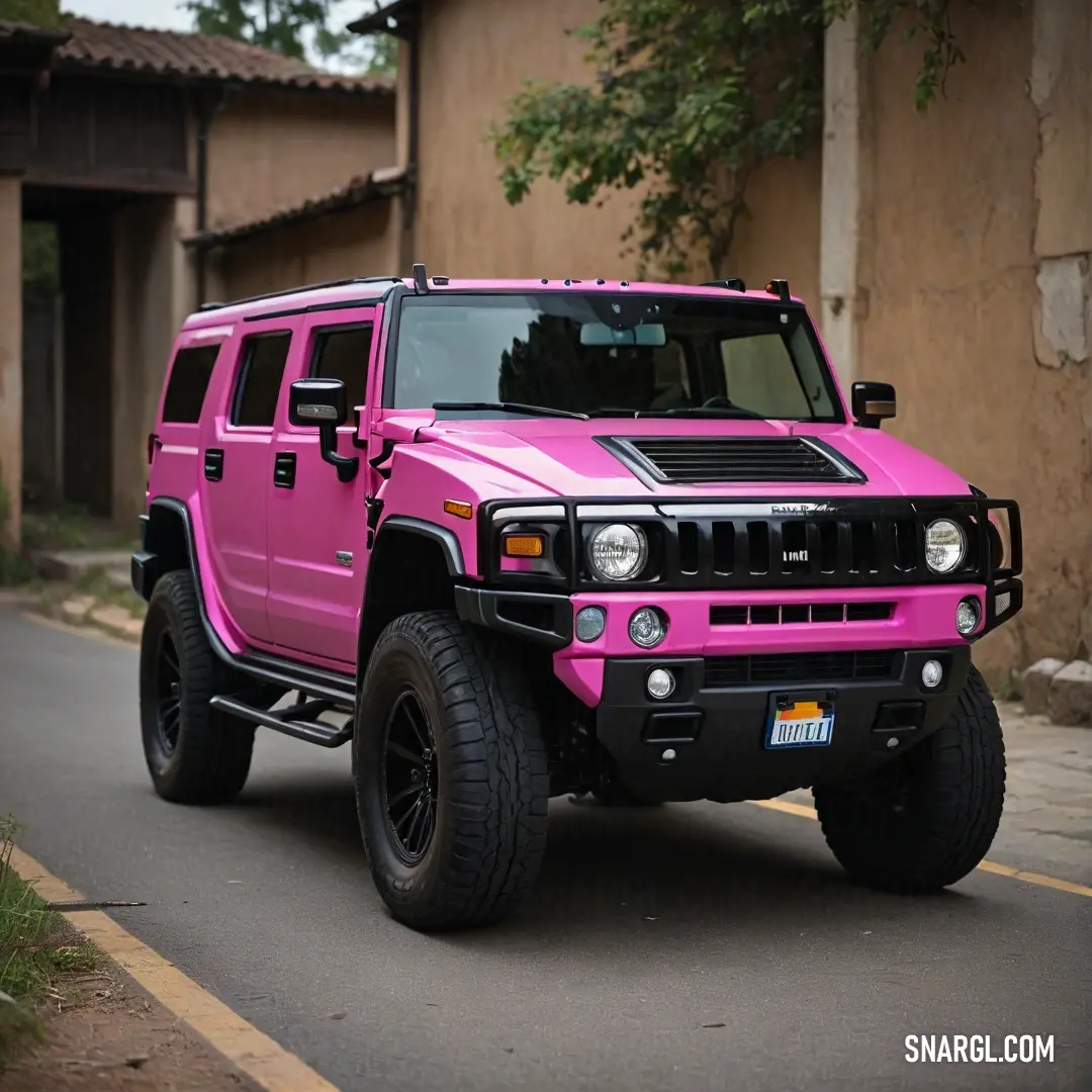 Pink hummer truck parked on the side of a road in front of a building with a tree. Color RGB 255,102,204.