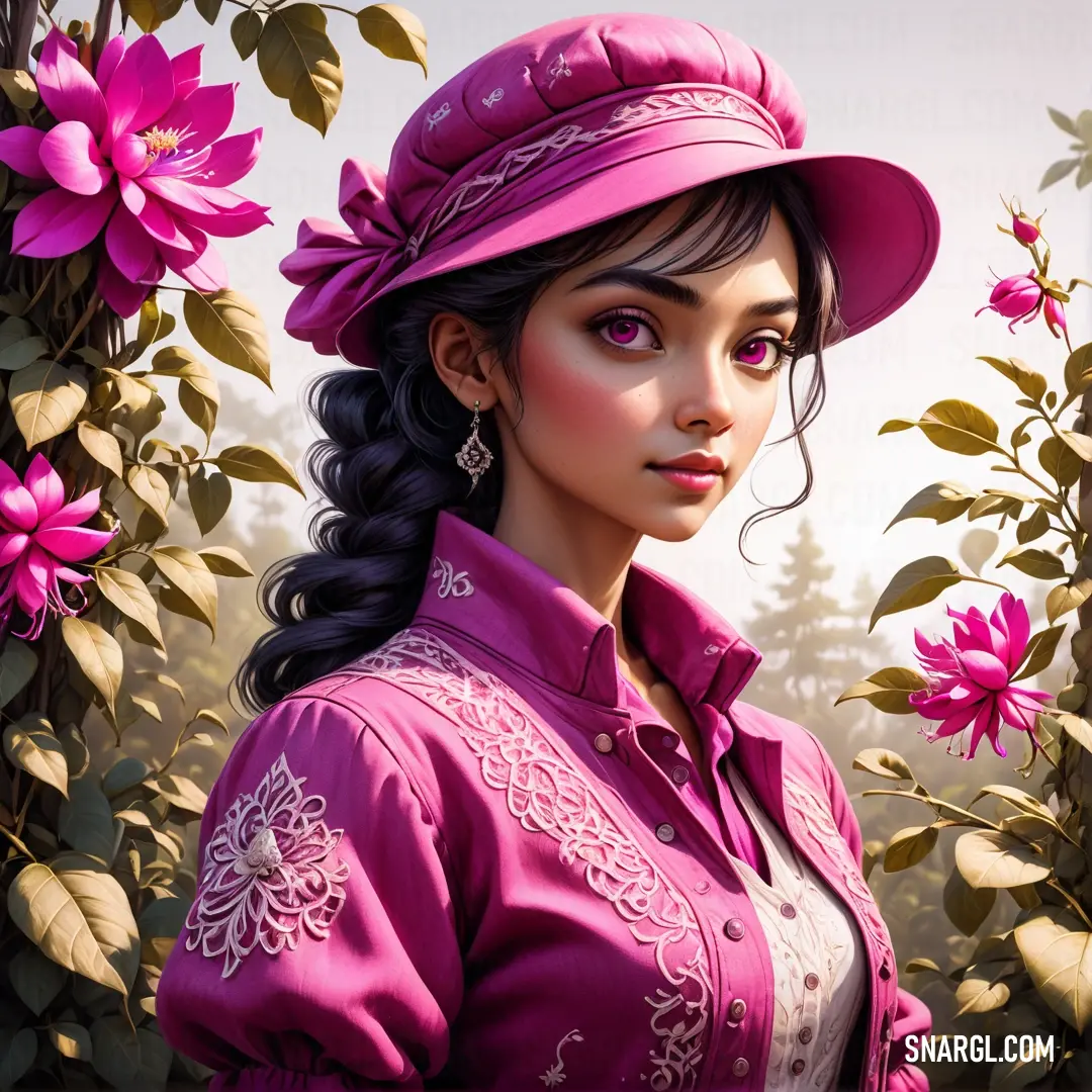 Rose pink color. Woman in a pink dress and hat standing in front of flowers and trees