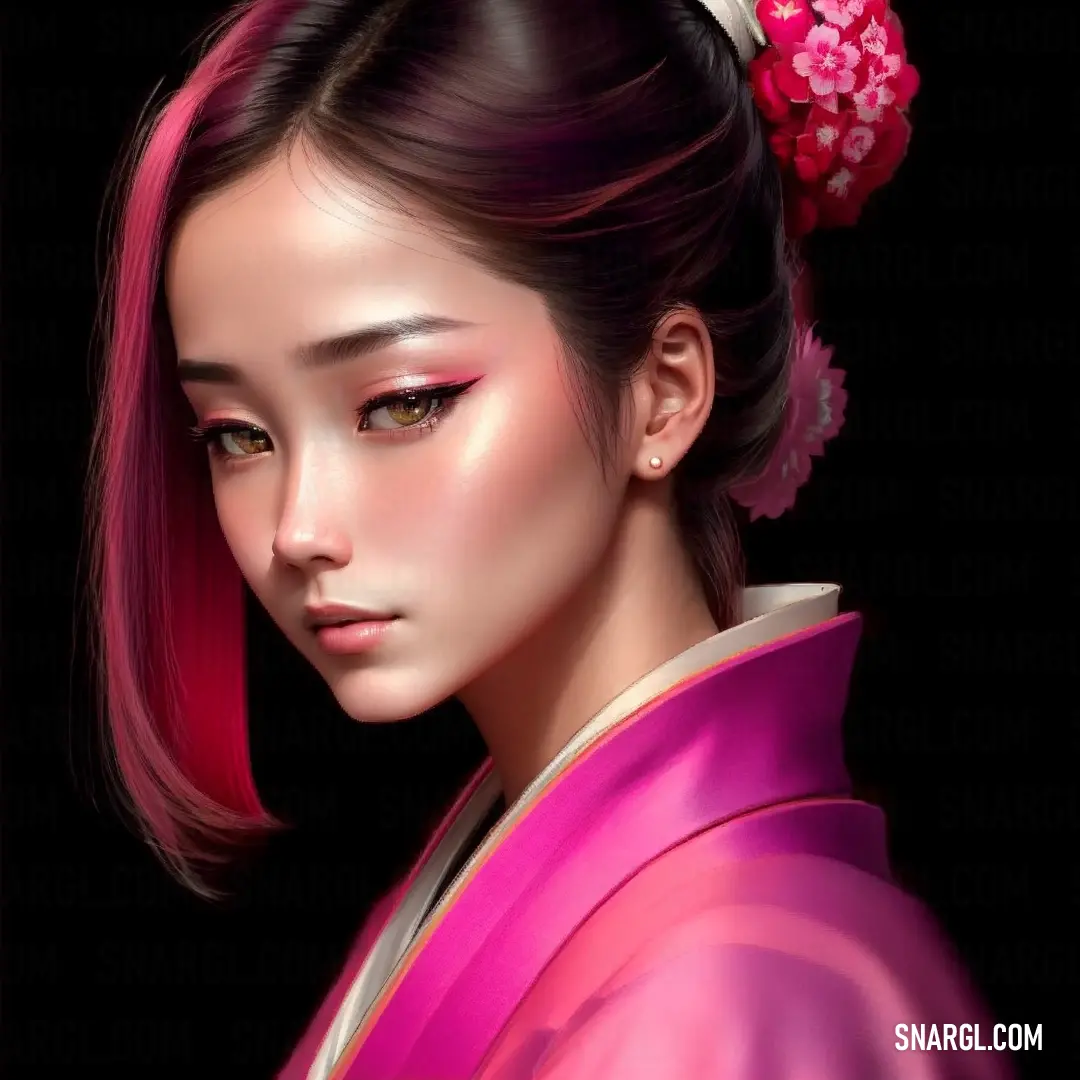 Woman with pink hair and a flower in her hair is wearing a pink kimono