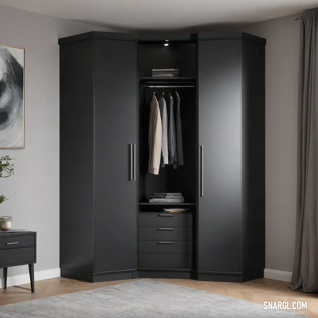 A stylish black wardrobe stands proudly against a backdrop of a soft white rug and artful painting. This harmonious combination creates a refined aesthetic in any living space, infusing modern elegance.