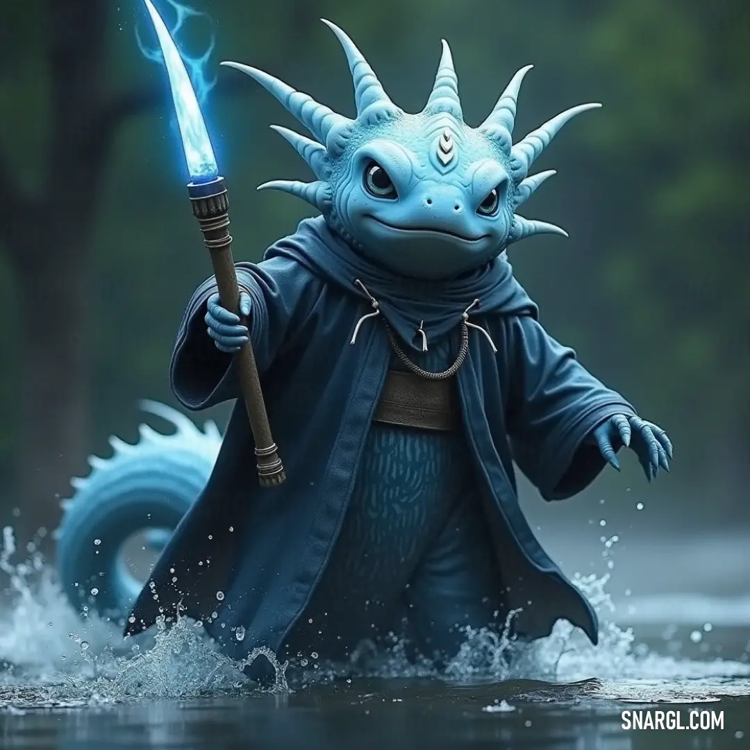 A whimsical cartoon character stands confidently in the water, holding a blue staff while a vibrant blue dragon rests on his back. The scene radiates a playful energy blending fantasy and adventure with a backdrop of shimmering waves.