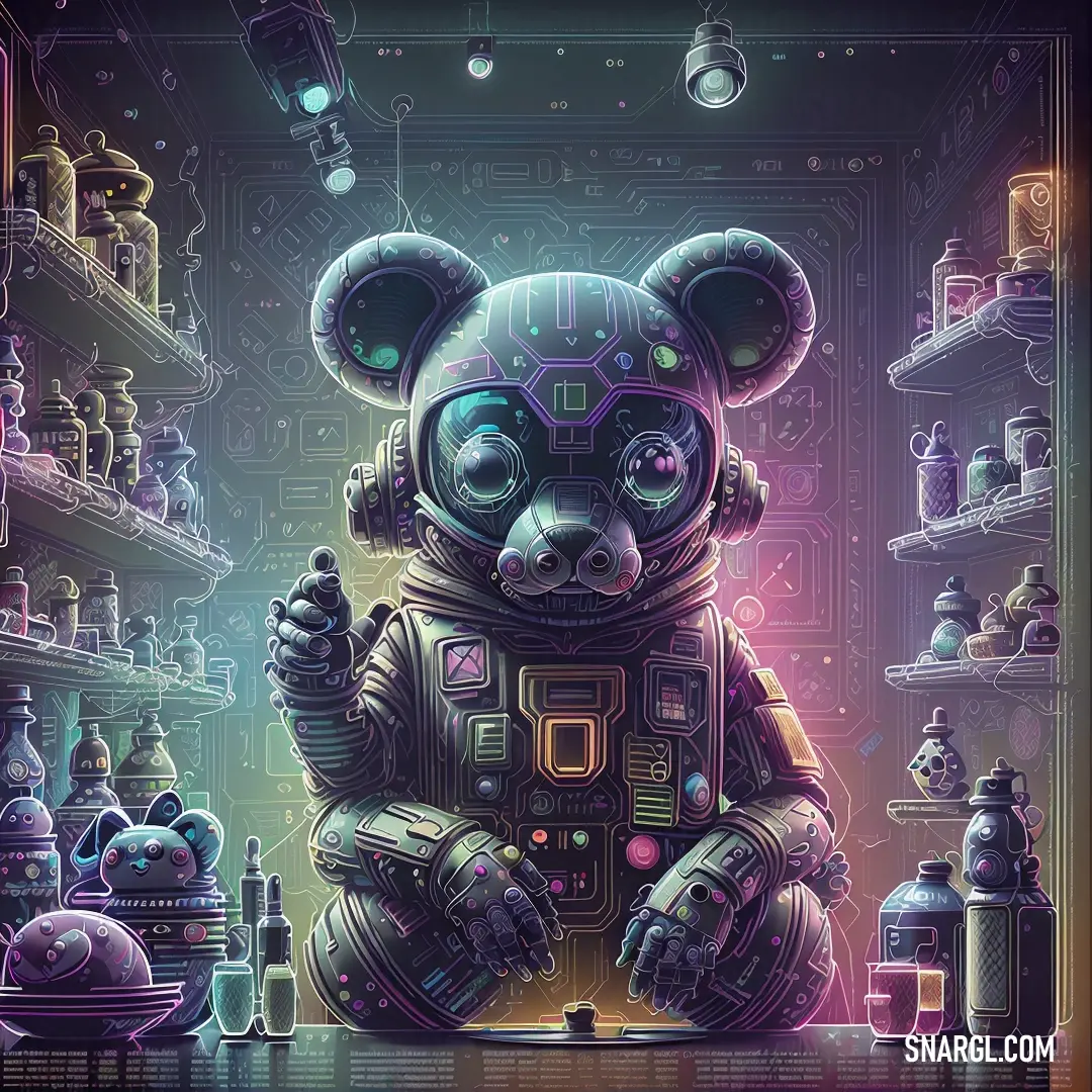 Digital painting of a bear in a space suit surrounded by other items and objects