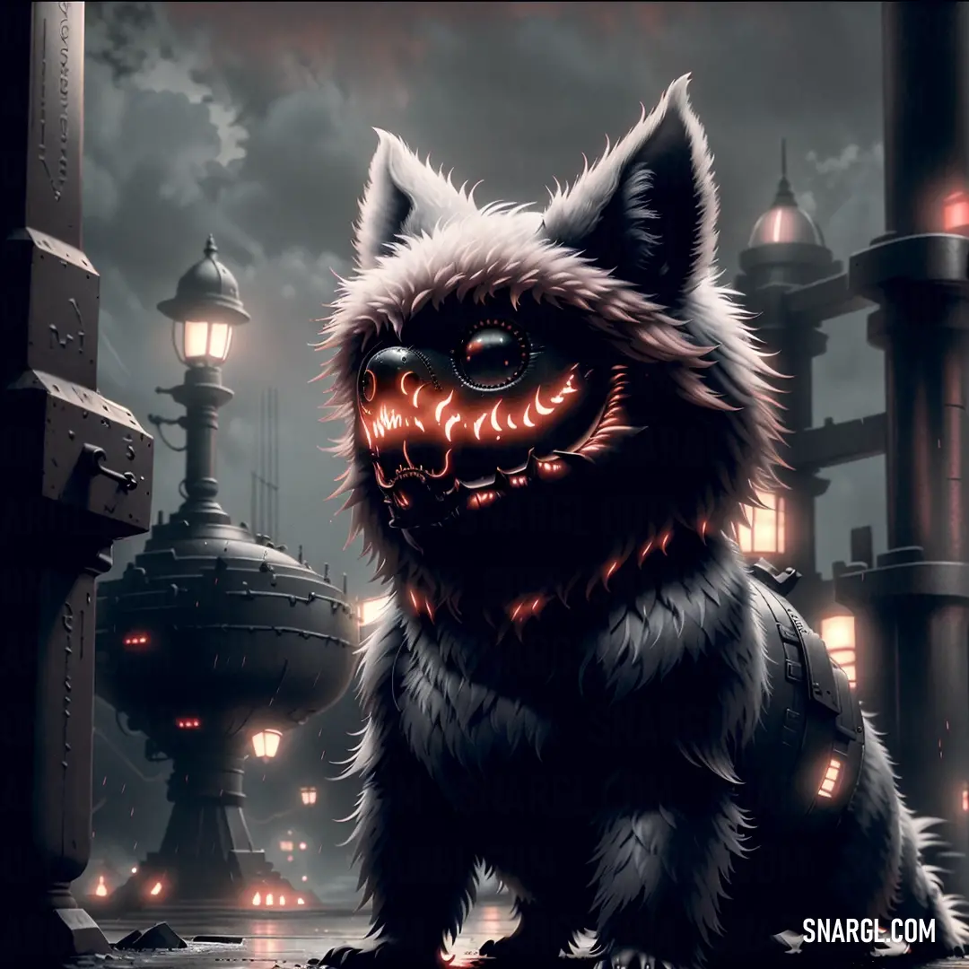 A furry cat with glowing eyes and a menacing grin sits in front of a sprawling cityscape, its fur reflecting the rose quartz hue of the surroundings, adding an eerie yet captivating atmosphere to the scene.