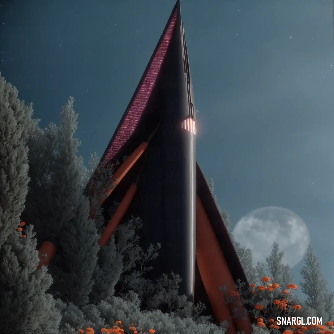 A futuristic building stands tall in the heart of a forest, its red roof and glowing red light creating a striking contrast with the surrounding greenery. The unique structure offers a bold, modern vision of architecture in nature.