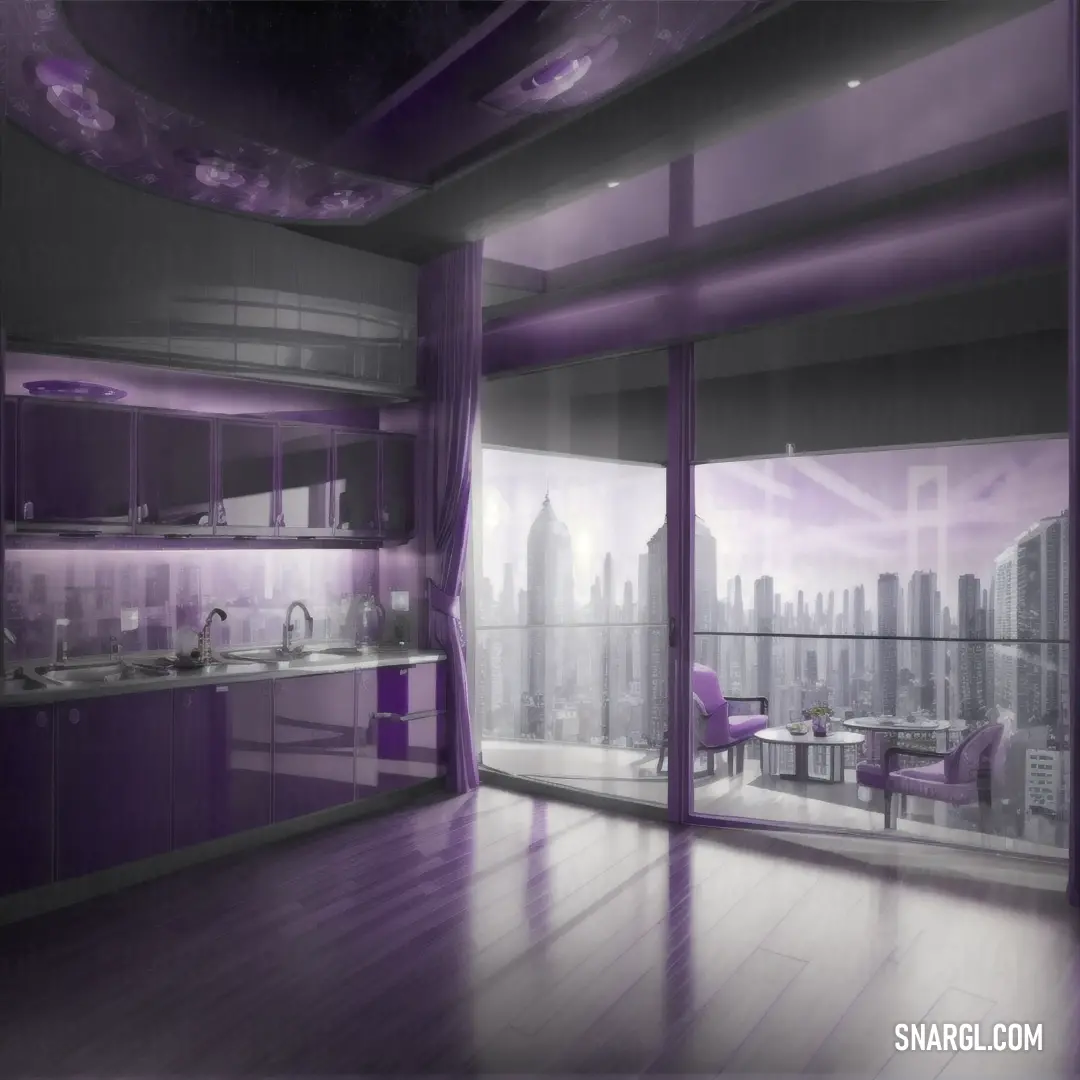 Kitchen with a purple theme and a city view in the background