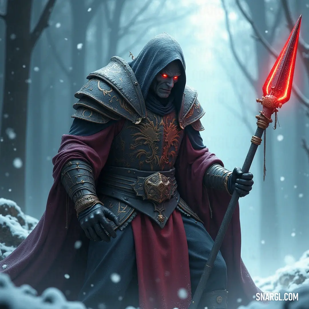 A hooded man in a snowy forest grips a glowing red lightsaber, the stark contrast between the red glow and the white snow heightens the dramatic atmosphere.