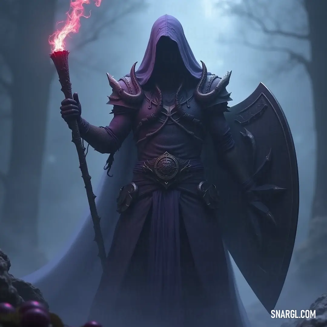 In a shadowy forest, a mysterious figure draped in a hooded cloak holds a formidable staff, surrounded by ethereal fog and towering trees. The subdued colors evoke a sense of intrigue and magic in the air.