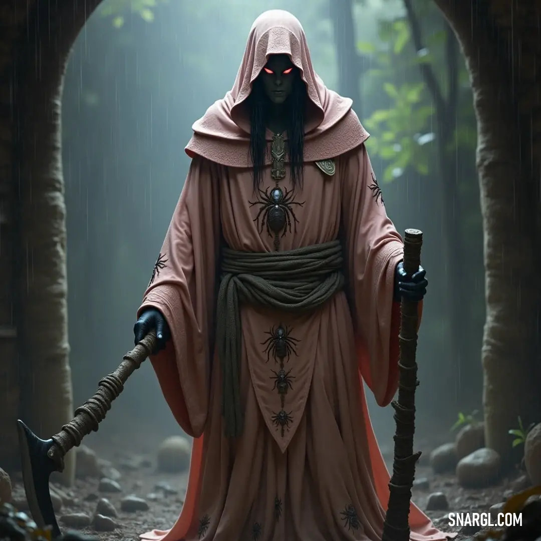 A mysterious man in a hooded robe grips a staff firmly, a spider delicately perched on his arm, surrounded by the dense forest. The scene emanates an air of wisdom and quiet power, as though he's an ancient guardian of the woods.