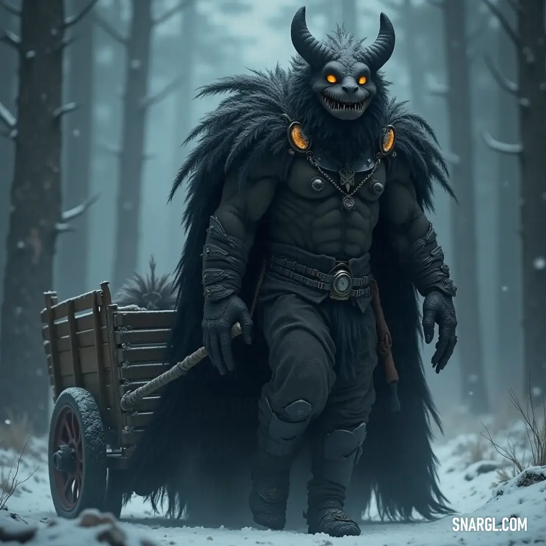 A man in a horned costume pulls a wagon through a foggy forest. His face, adorned with a demonic mask, adds an eerie, haunting element to the scene.