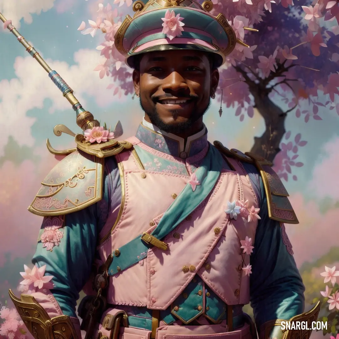 Man in a pink uniform holding a sword and a flowered tree in the background