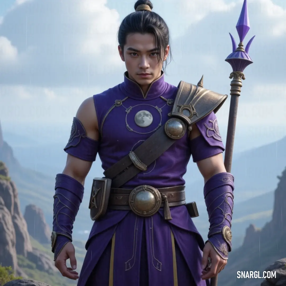 A striking figure clad in purple stands tall with a sword and a distinctive purple hat, set against a majestic mountain backdrop. The vibrant colors complement the breathtaking scenery, invoking a sense of adventure and allure.