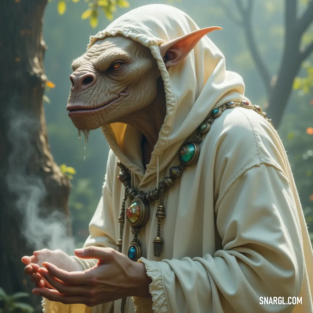 A person in a costume with a monkey head and a hood holds something in their hands, their mysterious look enhanced by the soft, muted tones of their outfit and surroundings.