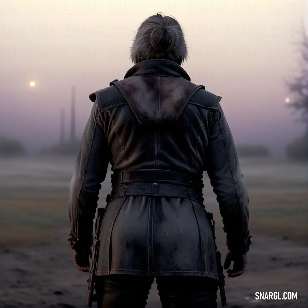 A lone figure, dressed in a rugged leather outfit, stands in a quiet field at dusk. A distant light flickers, adding a sense of solitude and anticipation, while the surrounding muted colors create an atmosphere of calm tension.