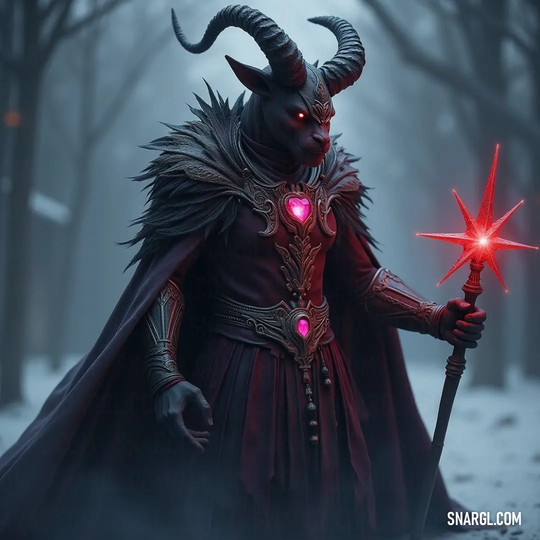 A demon with imposing horns stands in a snowy forest, clutching a glowing star in his hand. The vibrant red light contrasts with the serene white snow, creating an intense, otherworldly atmosphere.