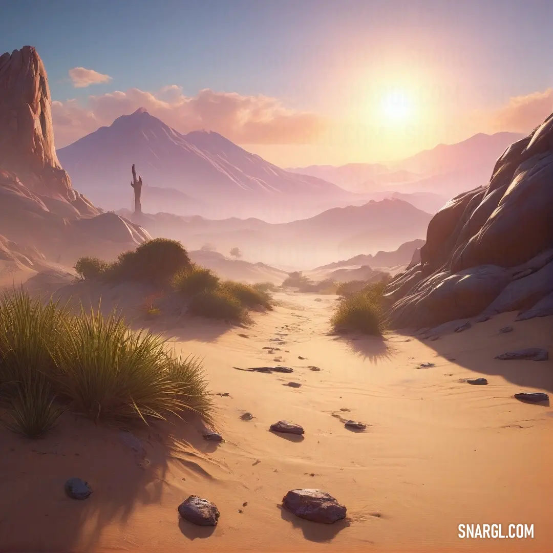 A person stands atop a hill in a vast desert, gazing toward distant mountains. The warm tones of the landscape contrast with the cool colors of the sky, capturing the peaceful solitude of the desert.