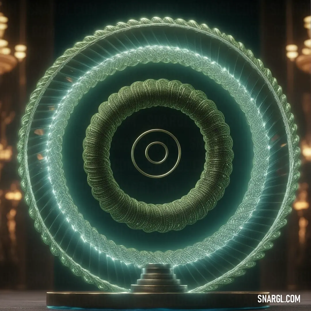 A green circular object with a mesmerizing spiral design rests against a backdrop of lights. The soft glow of Rose Quartz surrounding the object adds an ethereal quality to the scene, making it feel as though the object is suspended in time.