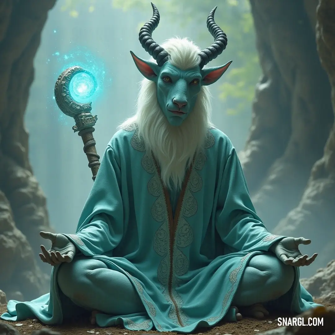 In a serene forest, a horned man raises a staff, cradling a luminescent orb that radiates warmth and light. The surrounding trees create a mystical sanctuary, drawing the viewer into its tranquility.