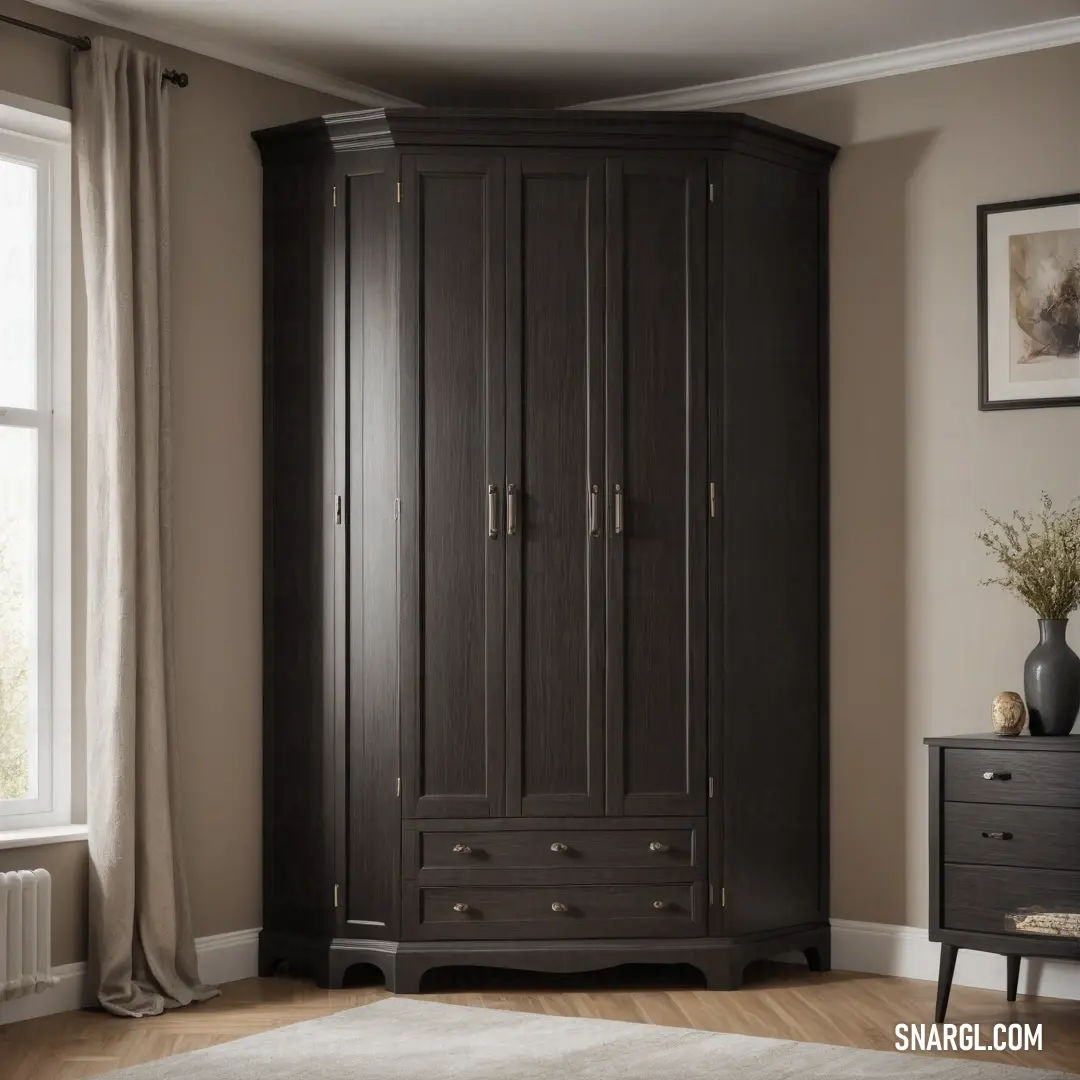 A large armoire stands elegantly in a warmly lit room, accentuated by charming rug patterns and a sun-filled window. This offers a cozy setting that combines storage with stylistic flair.