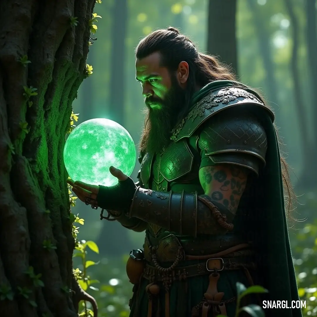 A captivating figure in a green outfit delicately holds a glowing orb while standing amidst a vibrant forest. Illuminated by soft green lights, he interacts harmoniously with nature around him, exuding magical energy.