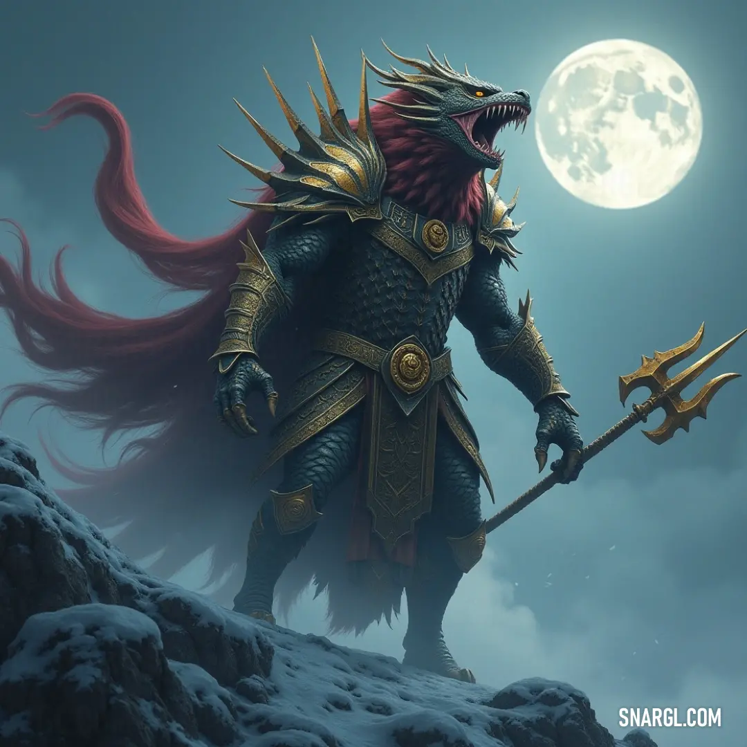 A heroic man in gleaming armor stands valiantly on a hill, brandishing a sword against a backdrop of a luminous full moon and a formidable demon. The atmosphere crackles with tension, a moment poised between bravery and dark forces.