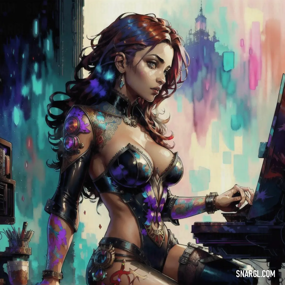 A woman in a detailed cosplay outfit plays a piano, immersed in the music, with a large painting of a piano player in the background. The color palette features a unique mix of CMYK tones, giving the scene a subtle artistic vibe.