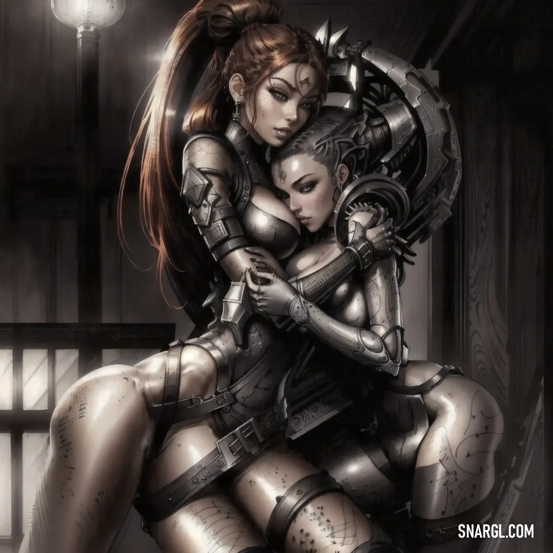 Two women, dressed in futuristic suits, share a quiet moment as they embrace. One holds a gun, and the other is bathed in the soft light of a lightbulb above them, adding an intriguing contrast to the scene.