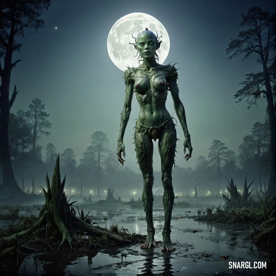 A woman stands alone in a misty, swampy landscape, illuminated by the eerie glow of a full moon in the background. The palette of CMYK colors creates a haunting, atmospheric effect around her.