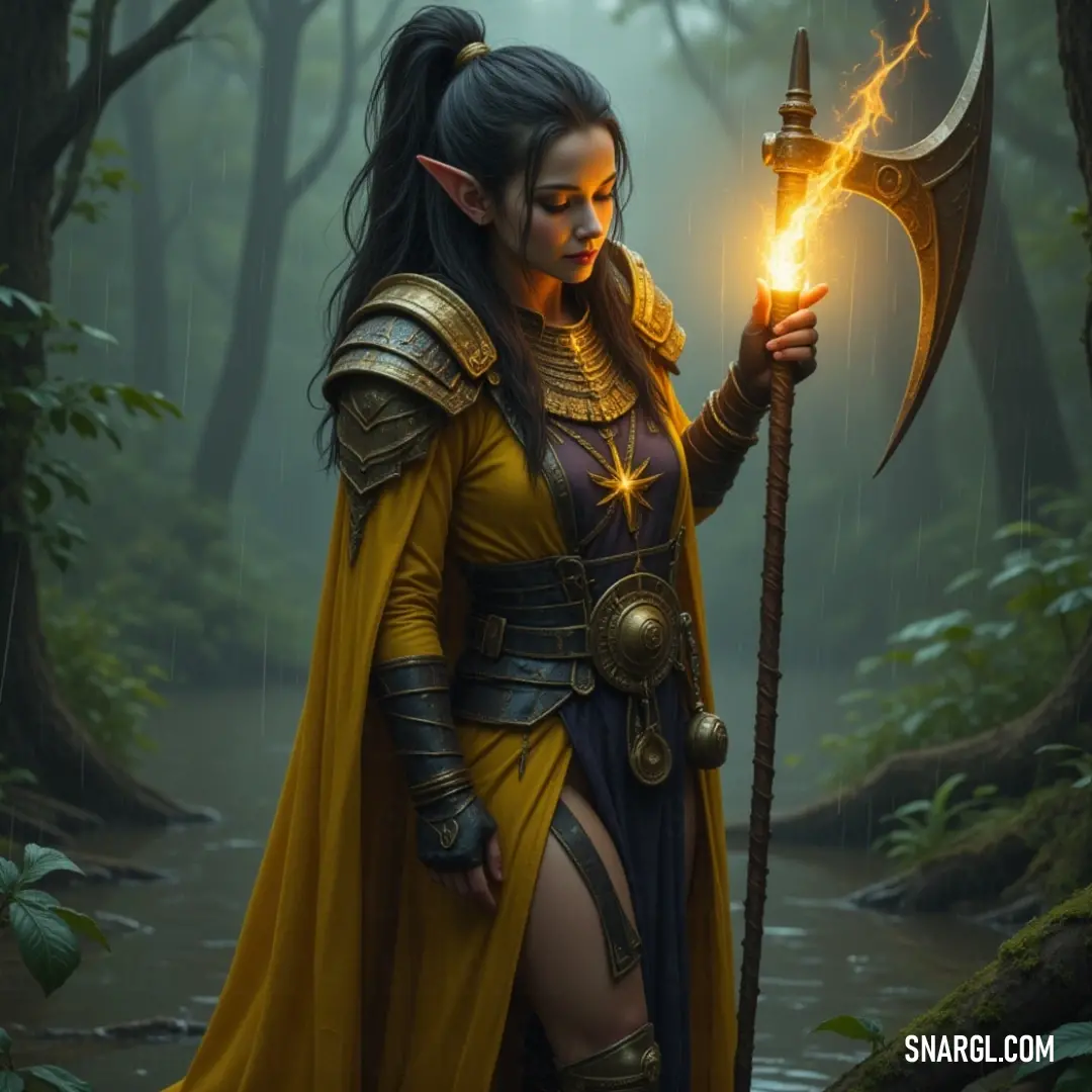 A woman dressed in a radiant yellow dress holds a flickering torch, illuminating the enchanting forest around her. The interplay of light and shadow creates an ethereal atmosphere, reminiscent of tales woven in dreams.