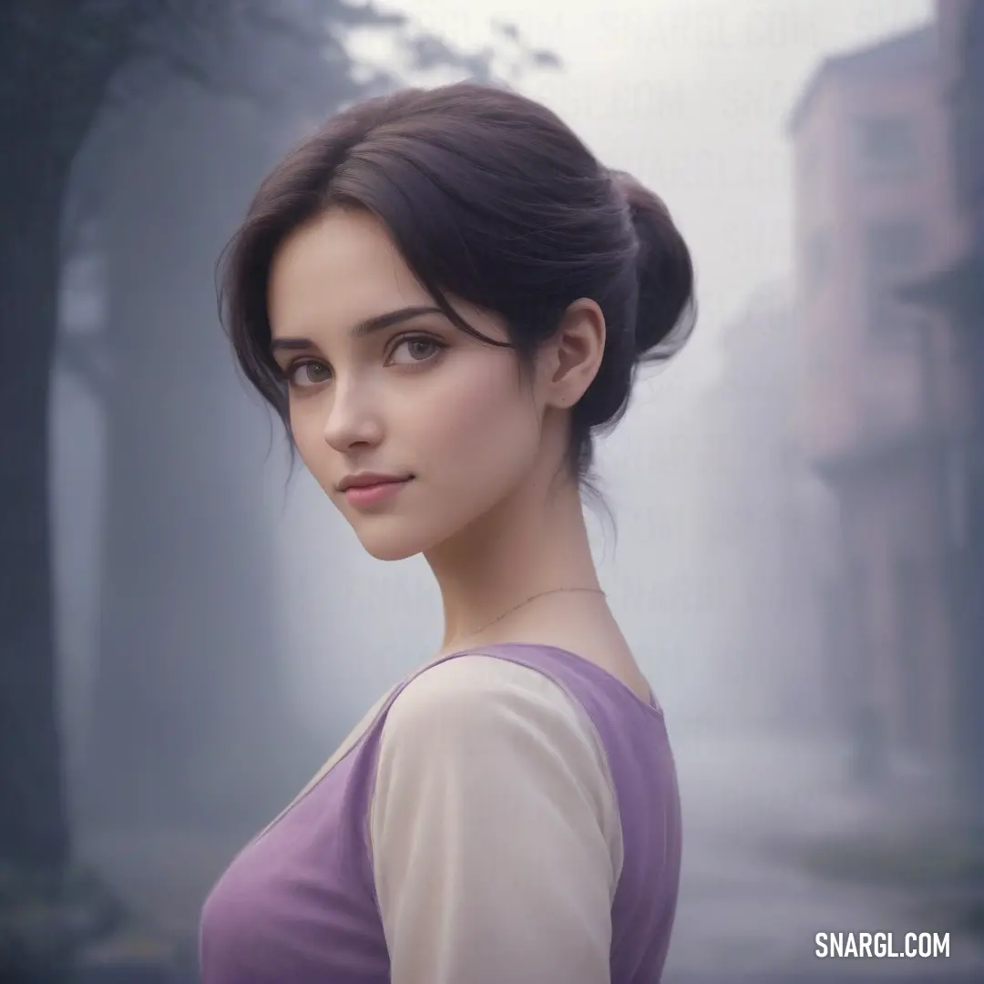 Woman with a bun in a purple dress standing in a foggy area with trees and buildings in the background. Color RGB 170,152,169.